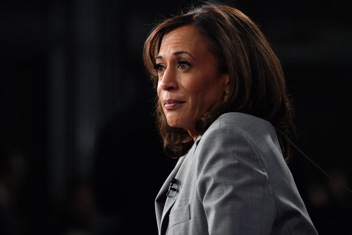 Sen. Kamala Harris speaks to the press after participating in the fifth Democratic primary debate in Atlanta on Nov. 20, 2019.