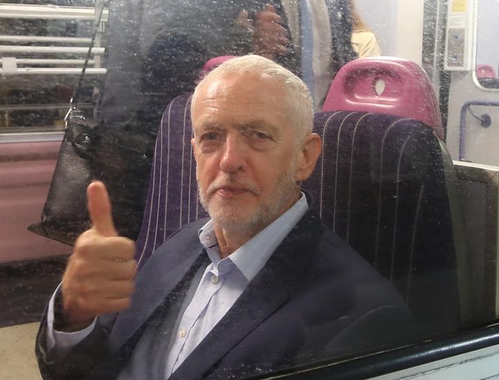 Labour leader Jeremy Corbyn o a train at Manchester Victoria Station, as he travels the route of Crossrail for the North.