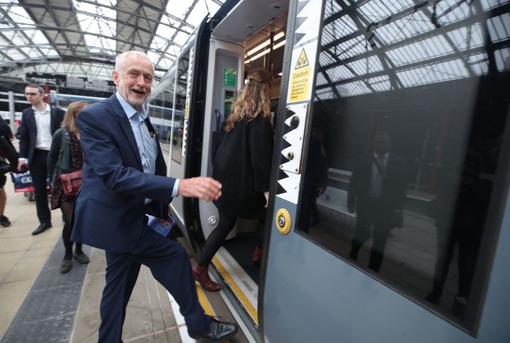 Labour leader Jeremy Corbyn gets on a train at Liverpool Lime Street Station, Liverpool, where he will be begin the route of Crossrail for the North, changing at Manchester Victoria, Leeds and arriving in Hull.