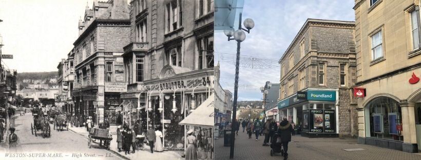 An early view of Weston-super-Mare's High Street, against the same perspective in 2019. 