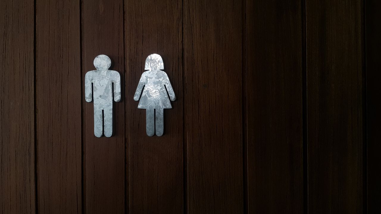 Metal vintage toilet sign on wooden door