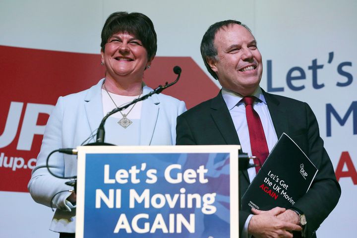 Northern Ireland Democratic Unionist Party leader Arlene Foster, left, and the party's Westminster leader Nigel Dodds at the DUP's manifesto launch in Belfast, Northern Ireland.