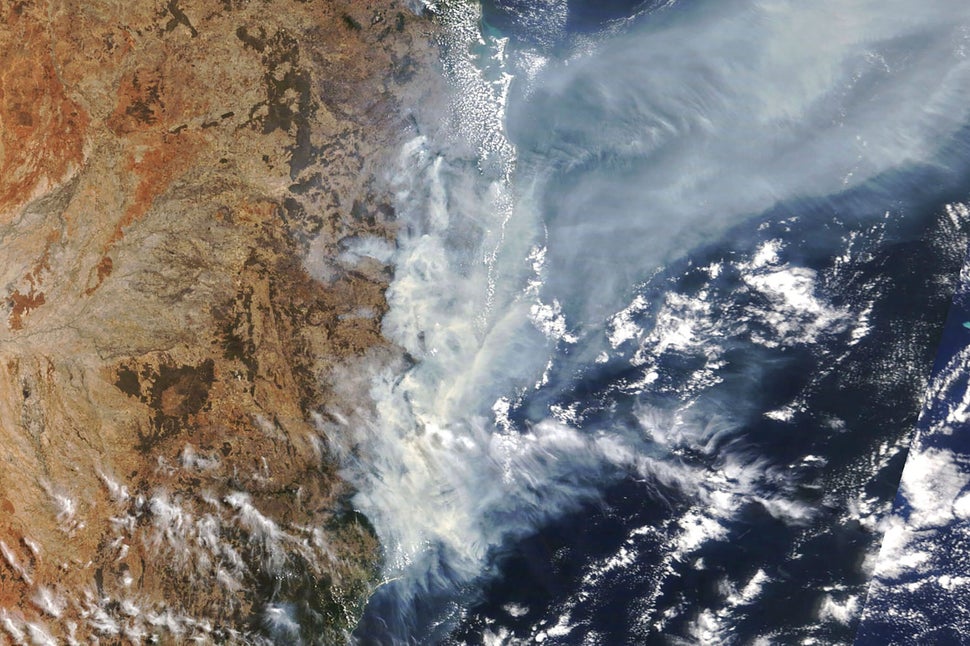 NASA satellite photo of weather conditions as bushfires burn in New South Wales, Australia, in November 2019.