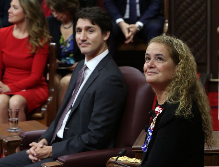 Prime Minister Justin Trudeau and Governor General Julie Payette look to the gallery as they wait to deliver the Throne Speech in the Senate chamber on Dec. 5, 2019 in Ottawa. 