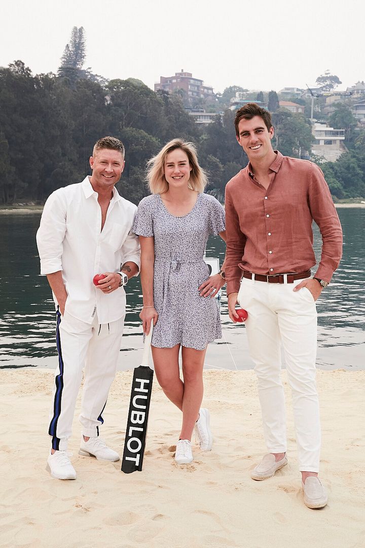 Michael Clarke, Elyse Perry and Pat Cummins at the Hublot Loves Summer event in Sydney. 