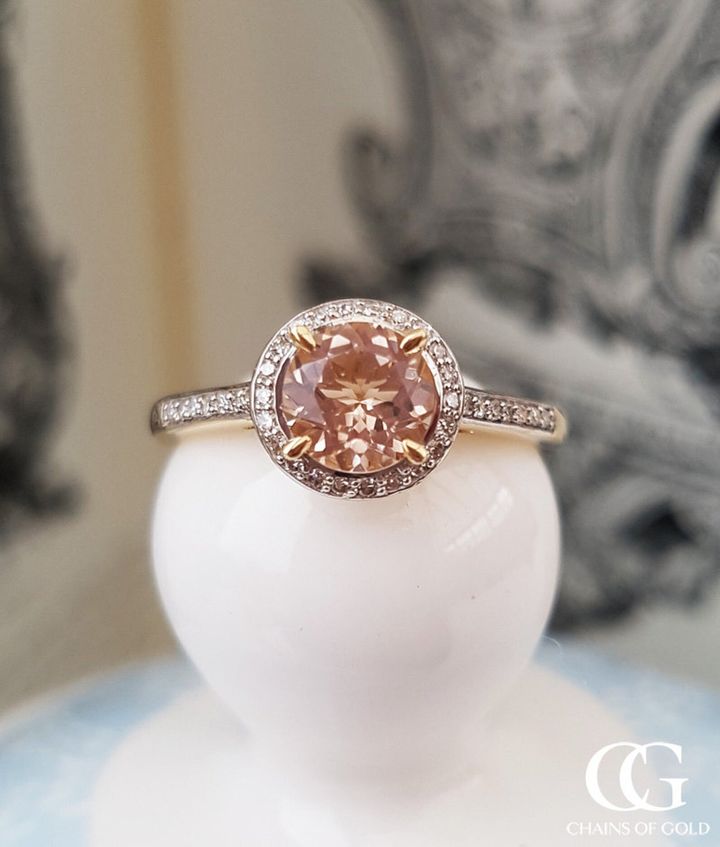 9ct Yellow Gold & Morganite Halo Ring with Diamonds, Etsy