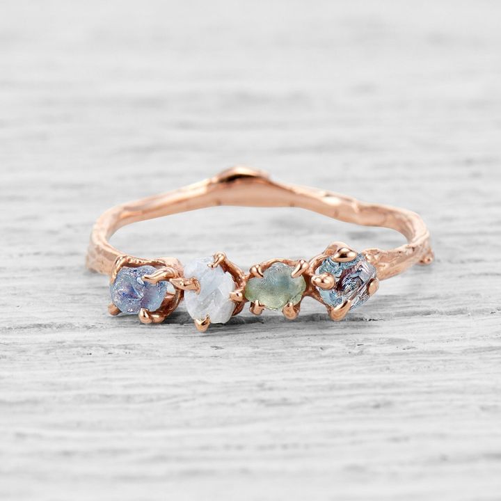 Garland Four Stone Ring with Rough Cut Montana Sapphires, Twig Engagement Ring, Etsy