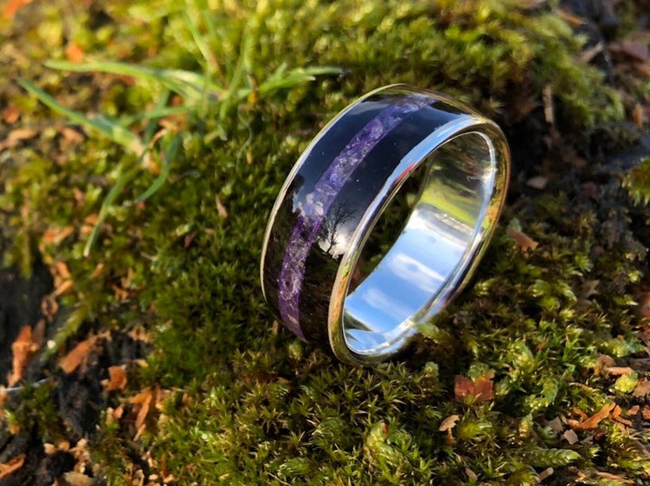 Sterling Silver & Ebony Bent Wood Ring With Amethyst Inlay