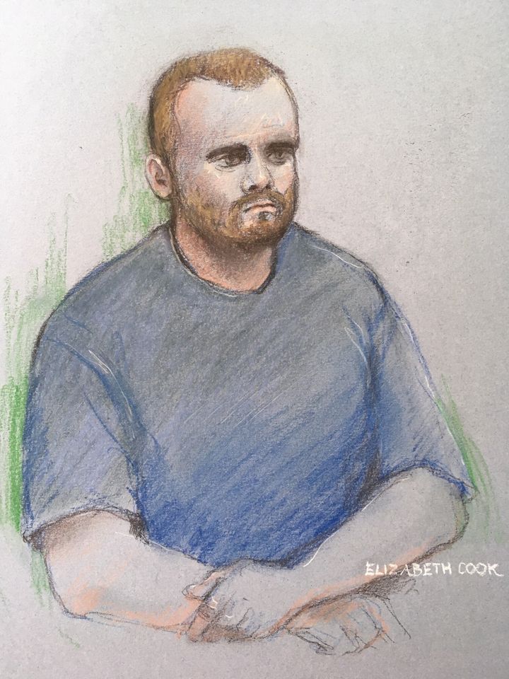 Court artist sketch by Elizabeth Cook of Bravery, whose lawyer told the court he had been assessed as having autistic spectrum disorder, obsessive compulsive disorder and is likely to have a personality disorder