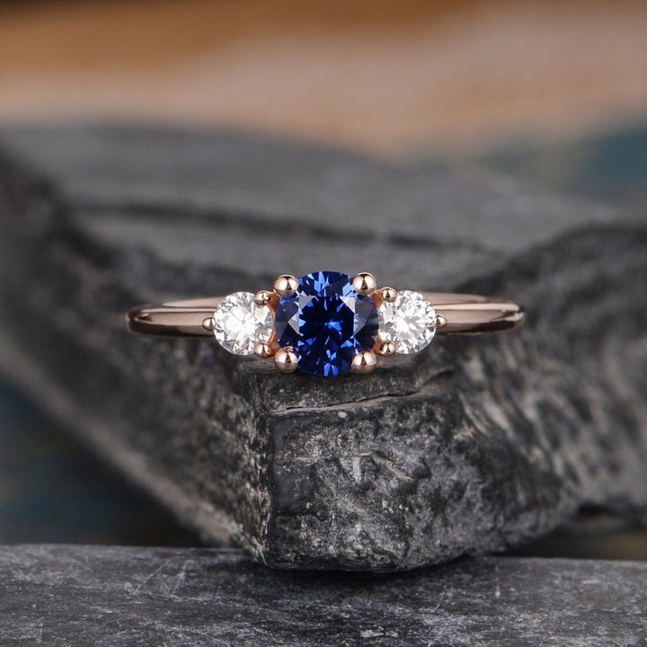 Three Stone Lab Sapphire Engagement Ring, Etsy