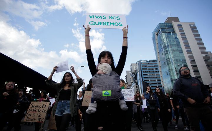 The gang rape of a woman in a bar in Quito, Ecuador, caused thousands of people to protest in the streets the gender violence with the hashtag #TodasSomosMartha, in Quito, Ecuador, Monday, Jan. 21, 2019.