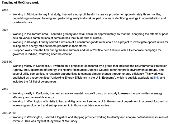 A timeline of Buttigieg's work at McKinsey.