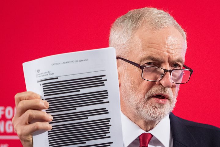Labour leader Jeremy Corbyn holds a redacted copy of the Department for International Trade's UK-US Trade and Investment Working Group report following a speech about the NHS, in Westminster, London. (Photo by Dominic Lipinski/PA Images via Getty Images)