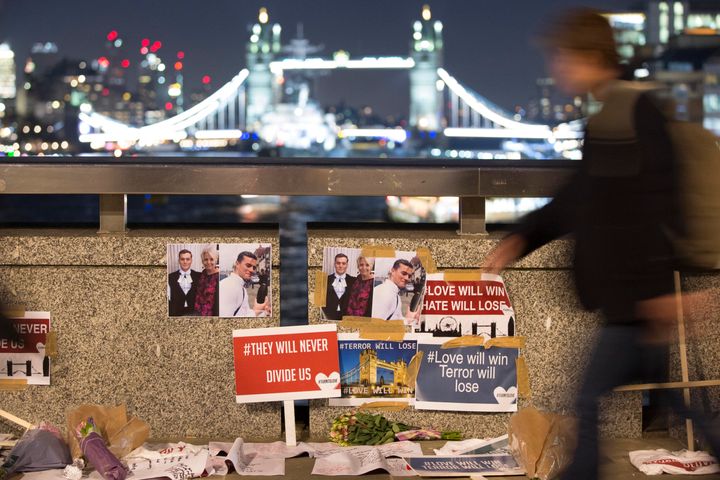 Tributes to London Bridge victims Jack Merritt and Saskia Jones on London Bridge. 