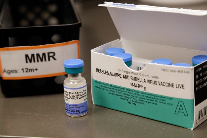 In this photo taken Wednesday, May 15, 2019, a dose of the measles, mumps and rubella vaccine is displayed at the Neighborcare Health clinics at Vashon Island High School in Vashon Island, Washington.