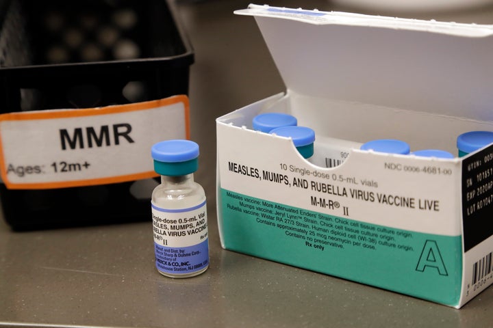 In this photo taken Wednesday, May 15, 2019, a dose of the measles, mumps and rubella vaccine is displayed at the Neighborcar