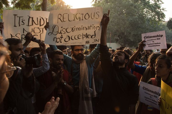 People protesting against the citizenship amendement bill which allows Hindus from Afghanistan, Bangladesh and Pakistan to get citizenship and exclude Muslims from the same countries in Delhi, on December 7, 2019. 