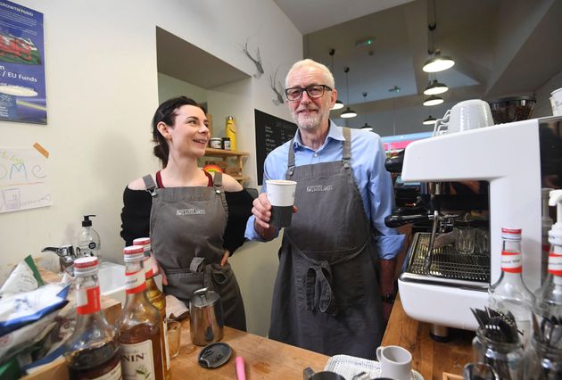 Labour Party leader Jeremy Corbyn poses for a photo in a coffee shop to mark Small Business Saturday, while on the General Election campaign trail in Barry.