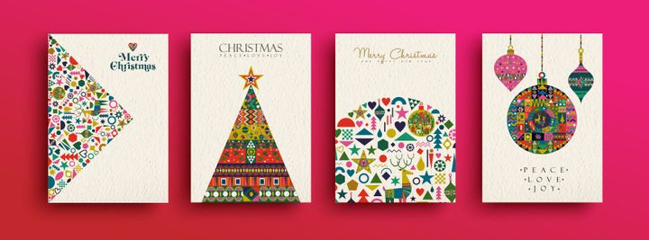 Merry Christmas holiday folk art card collection. Template set of scandinavian style xmas tree and traditional geometric shapes in festive colors. EPS10 vector.