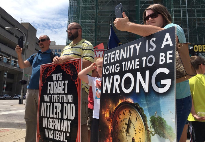 Abortion opponents with the group Operation Save America gather during a rally in downtown Louisville in 2017.