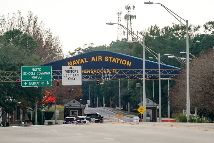A general view of the atmosphere at the Pensacola Naval Air Station main gate following a shooting on December 06, 2019 in Pensacola, Florida.