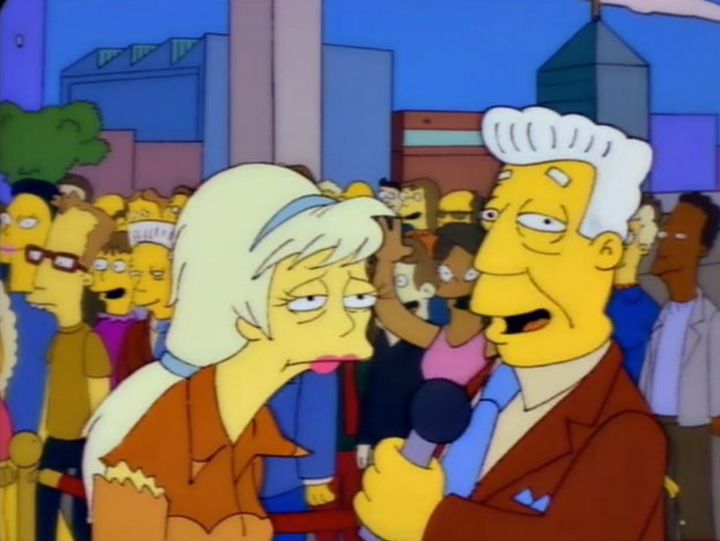 A Kent Brockman lookalike can be seen in the crowd while the newscaster interviews Lurleen