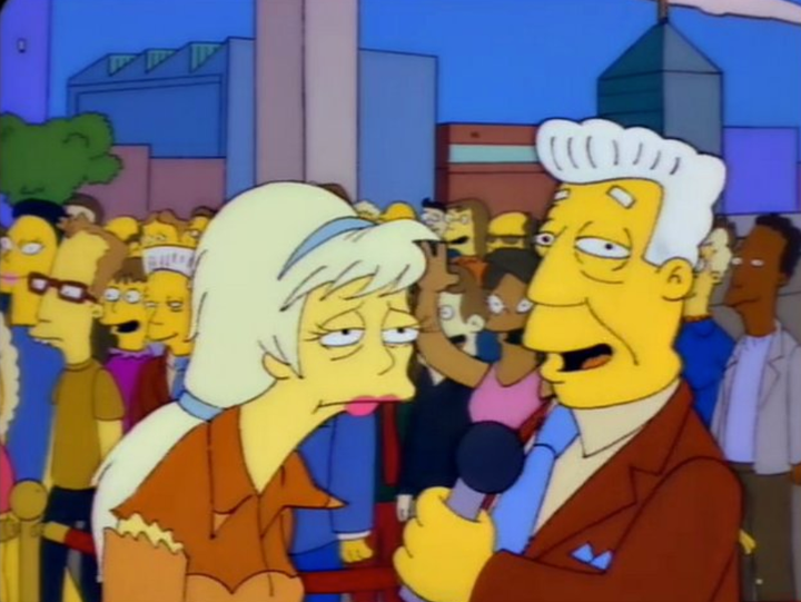 A Kent Brockman lookalike can be seen in the crowd while the newscaster interviews Lurleen