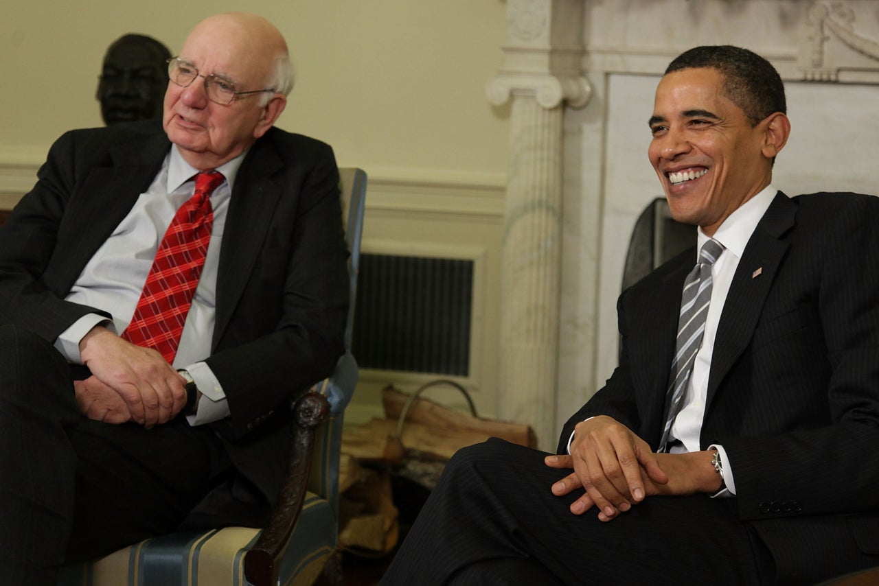 Then-President Barack Obama (right) and Economic Recovery Advisory Board Chairman Paul Volcker meet in the Oval Office at the White House on March 13, 2009 in Washington, D.C.