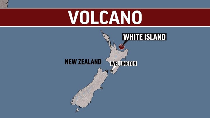 NEW ZEALAND shaded relief map, highlighted, with WELLINGTON (capital) and WHITE ISLAND locators, lettering VOLCANO, finished graphic