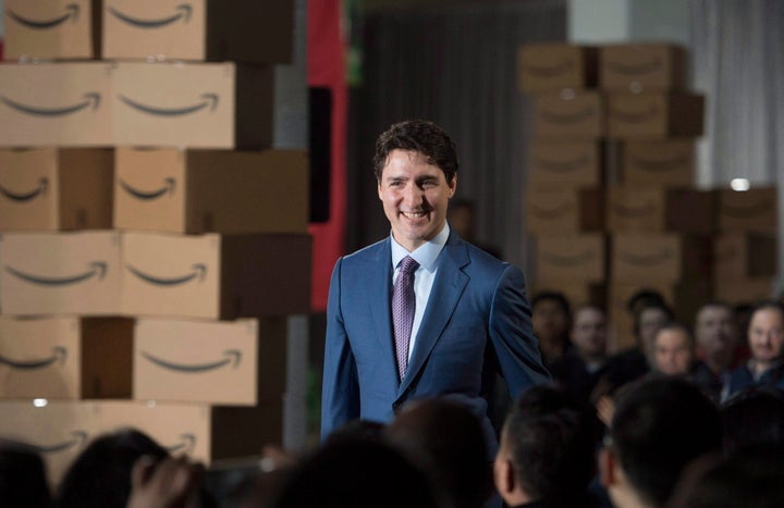 Prime Minister Justin Trudeau makes an announcement at the future offices of Amazon in downtown Vancouver on April 30, 2018.