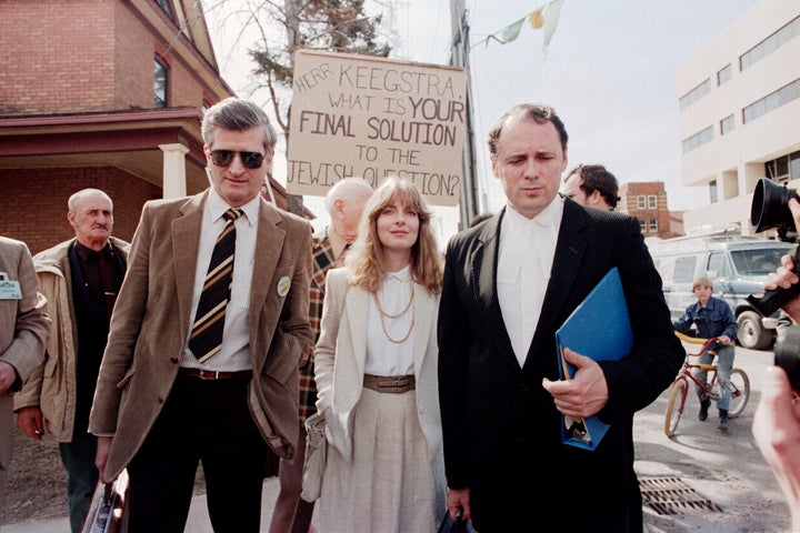 Former Eckville, Alberta teacher Jim Keegstra (left) leaves the Red Deer courthouse on April 9, 1985 with his lawyer Doug Christie and a legal assistant.