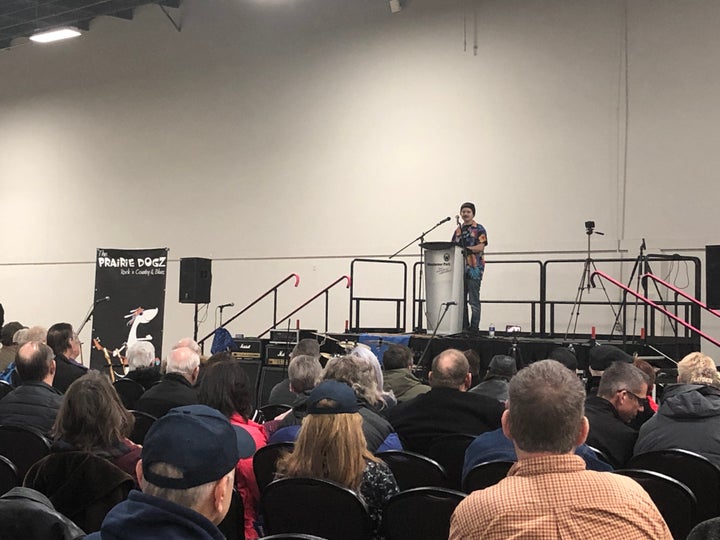 Sam Bell addresses attendees at a "wexit" rally in Red Deer on Nov. 30.