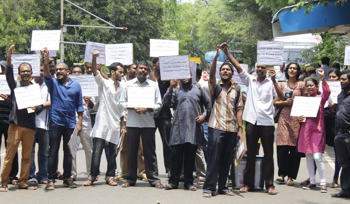 MADRAS,INDIA JUNE 02: Students protest inside the IIT Madras campus against the ban on Ambedkar Periyar Students Circle.(Photo by Jaison G/The India Today Group via Getty Images)