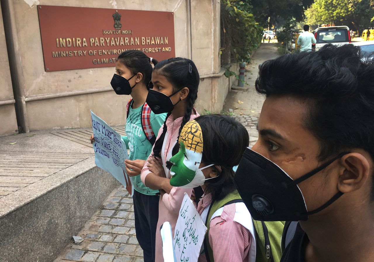 Schoolchildren protest outside the Indian Environment Ministry against alarming levels of pollution in New Delhi on Nov. 5, 2019.