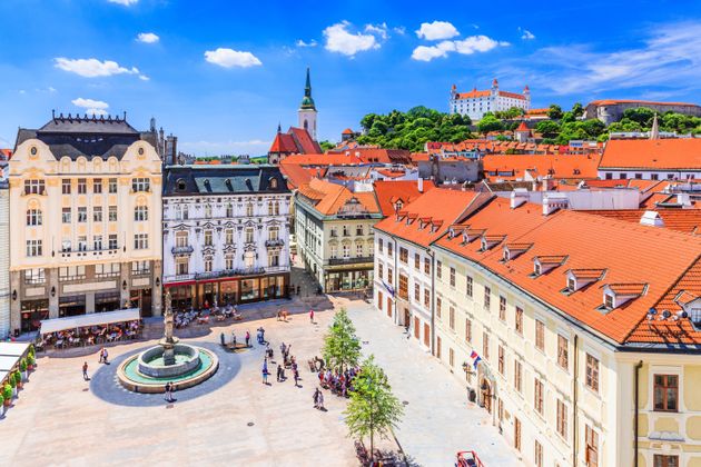 Bratislava, Slovakia. View of the Bratislava castle, main square and the St. Martin's Cathedral.