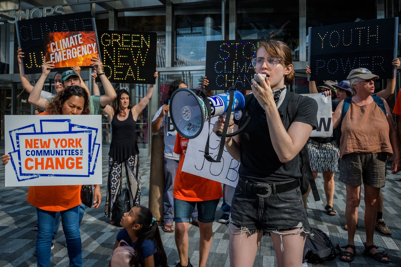 Hundreds of climate activists gathered outside CNN studios on Sept. 4, 2019, before the presidential candidates' climate change forum, to demand they commit to bold climate actions now.