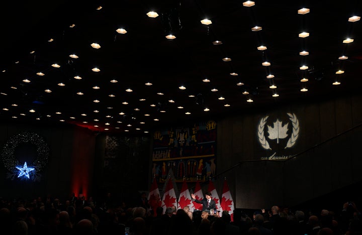 Prime Minister Justin Trudeau speaks to supporters at the Laurier Club holiday reception, an annual donor event held by the Liberal Party of Canada, at the National Arts Centre in Ottawa on Dec. 9, 2019.