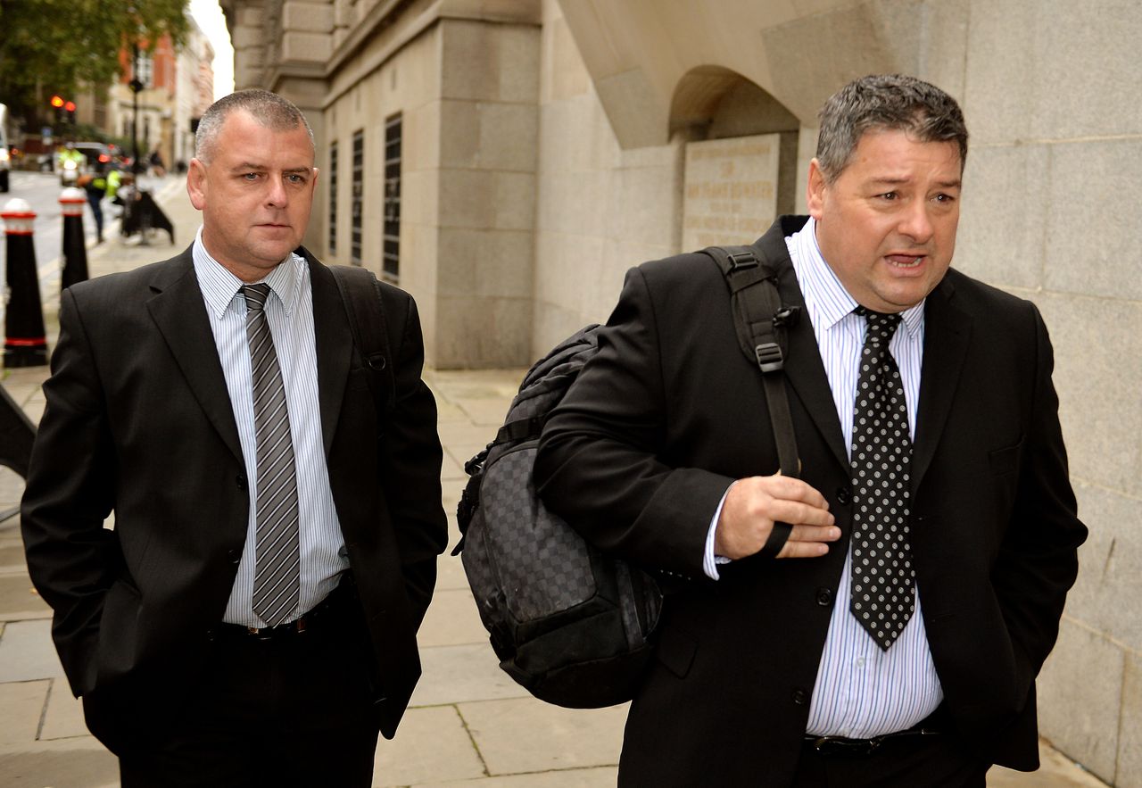 Colin Kaler and Terrence Hughes (right), of security firm G4S, arrive at the Old Bailey for their trial for restraint manslaughter. The pair were eventually cleared.