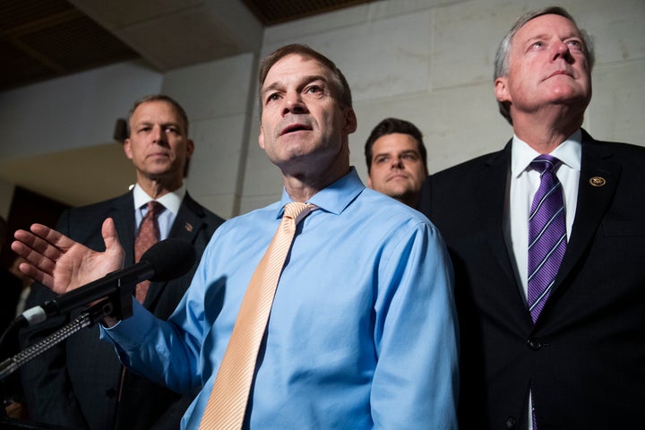 From left, Reps. Scott Perry (R-Pa.), Jim Jordan (R-Ohio), Matt Gaetz (R-Fla.) and Mark Meadows (R-N.C.) speak to the media after Gordon Sondland, U.S. ambassador to the European Union, was blocked by the State Department from appearing for a deposition about President Trump's dealings with Ukraine on Oct. 8, 2019. 