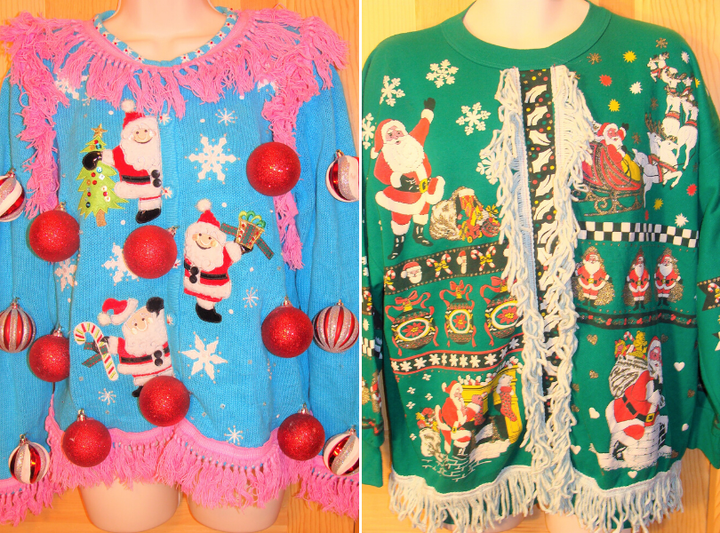 Some of Anne Marie Blackman's early ugly Christmas sweater designs.