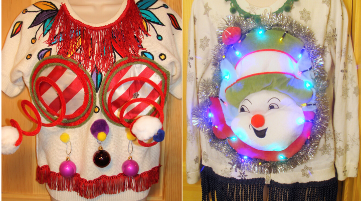 Some of Anne Marie Blackman's early ugly Christmas sweater designs, including one of the "springy boobie sweaters."