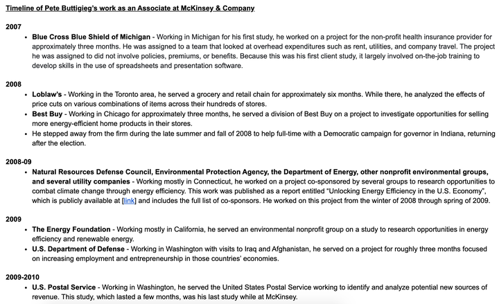 A list of Pete Buttigieg's clients at McKinsey.