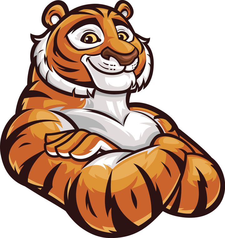 Smiling tiger with arms crossed. 