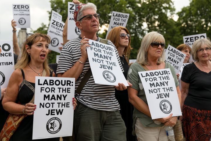 The group Campaign Against Antisemitism, as well as Jewish community groups and their supporters, stage a protest in Parliament Square, London, on July 19, 2018, against the Labour Party.