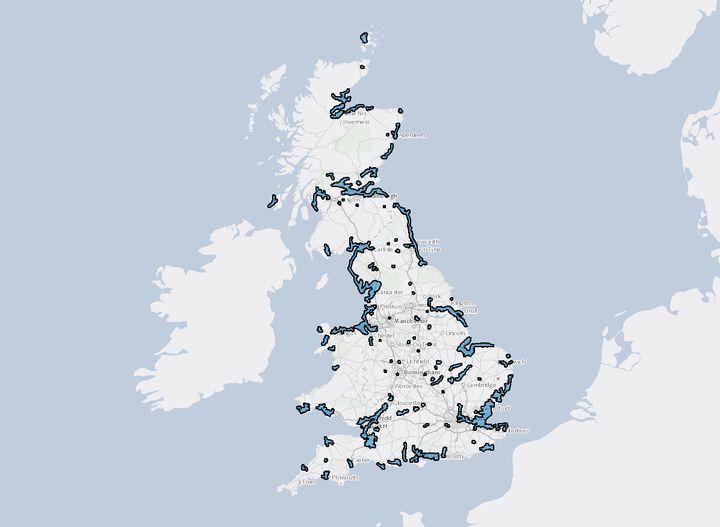 A map of high risk areas (shaded blue) for bird flu in the UK. 