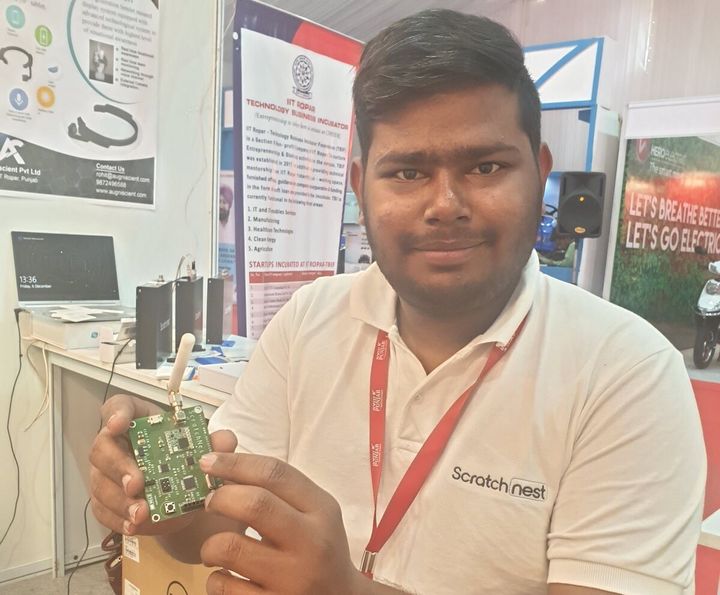 Amit Bhati showing an RFID reader manufactured at the TBIF at IIT Ropar.