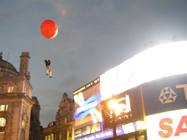 Banksy transformed a helium-filled sex doll into a child being carried into the sky by a gigantic McDonald’s-branded balloon for the piece.