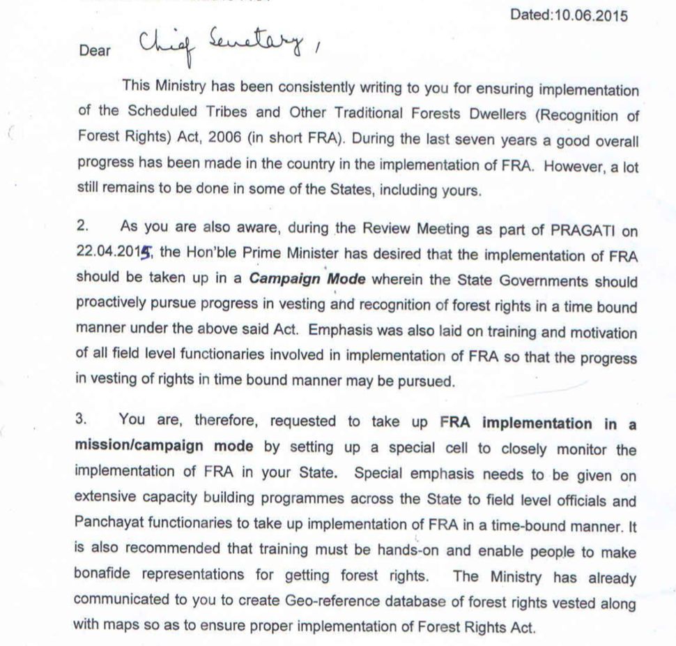 Excerpt from Tribal Affairs Secretary Arun Jha letter on FRA to Jharkhand Chief Secretary Rajiv Gauba. "...a lot still remains to be done in some of the states, including yours," he wrote.