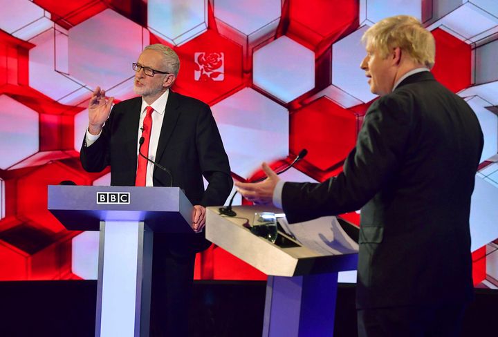 Opposition Labour Party leader Jeremy Corbyn, left, and British Prime Minister Boris Johnson, during a debate at the BBC TV studios in Maidstone, England, on Dec. 6, 2019.