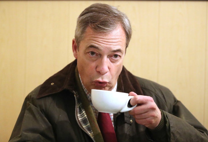 Brexit Party leader Nigel Farage sips a hot drink whilst on the General Election campaign trail in Hartlepool, England, in November.